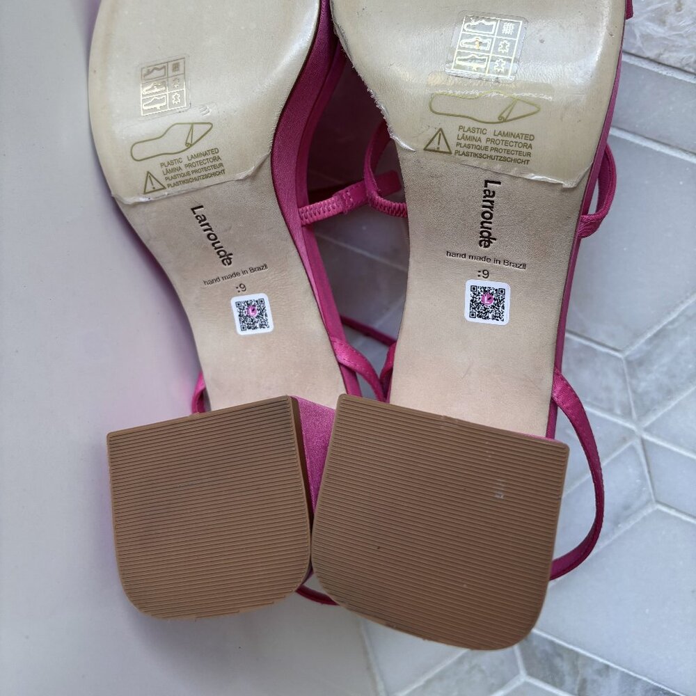 Larroude Size 9 Hot Pink Strappy Platform Block Heel Sandal Gio Sandal Satin - Picture 11 of 12